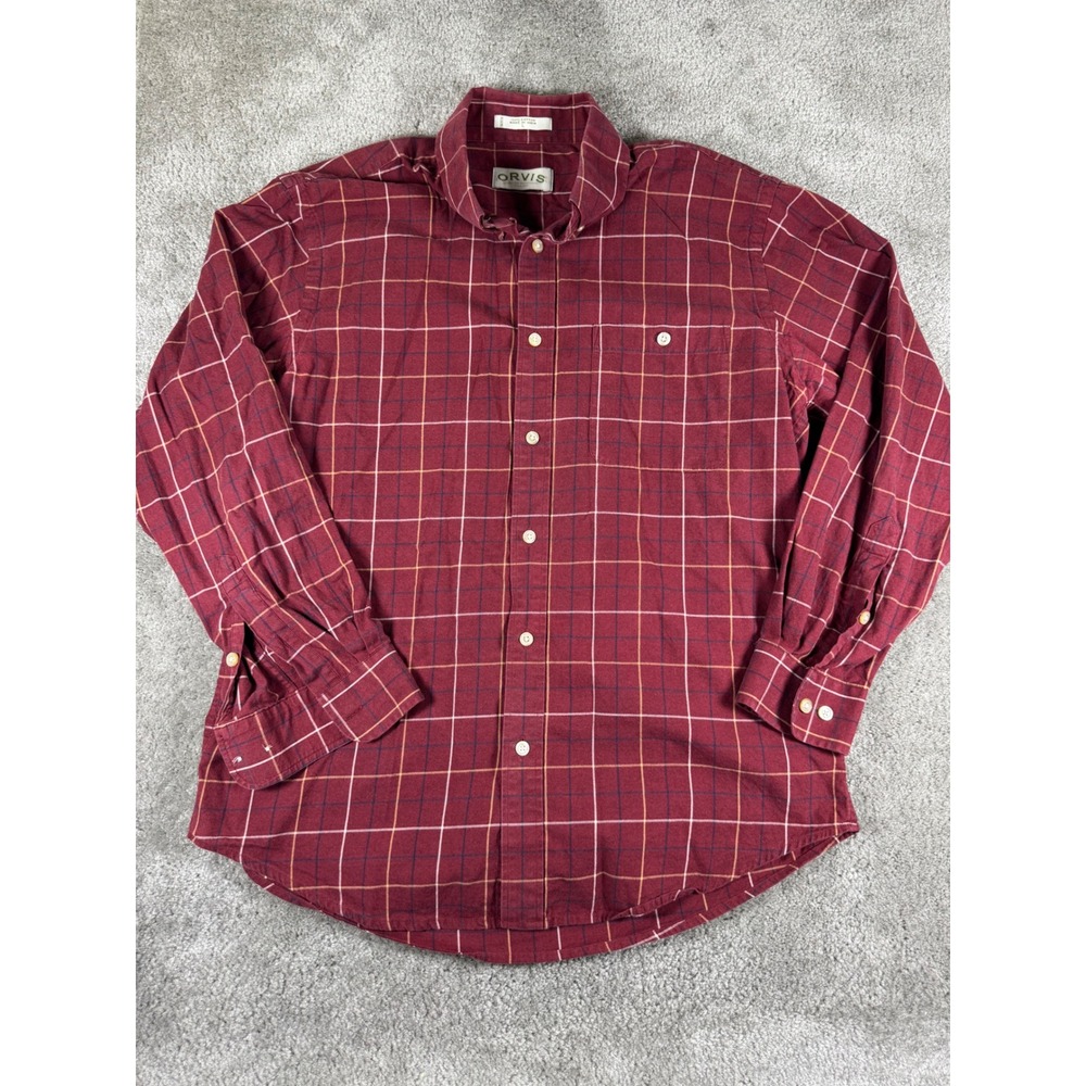Orvis Mens Large Burgundy Red Windowpane Plaid Cotton Button Down Shirt L